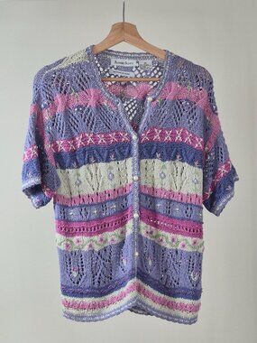Robert Scott Cardigan Womens S 80% Silk Hand Knit Crochet Openwork Cottagecore